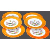 Antike Lusterware Dessert Teller - Pfau & Blumenmuster Made in Germany 6Er Set von BuyfromGroovy