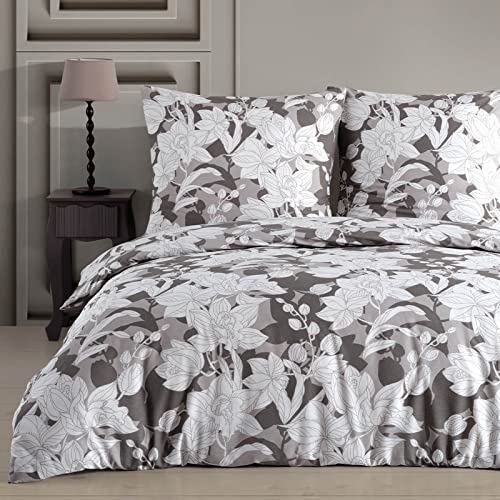 Buymax Bettwäsche 135x200 Baumwolle 2-Teilig Bettgarnitur mit Bettbezug und Kissenbezug 80x80 Renforce Bettwäsche-Set Geblümt Blumen-Muster Orchidee, Grau Weiß von Buymax