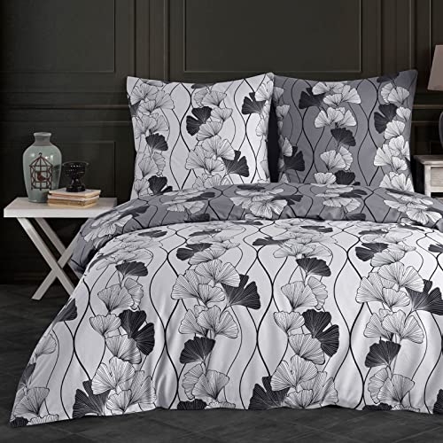 Buymax Bettwäsche 135x200 Baumwolle 4-Teilig Bettgarnituren mit Bettbezüge und Kissenbezüge 80x80 Renforce Bettwäsche-Sets Wendbar Geblümt Blumen-Muster, Grau Weiß Schwarz von Buymax