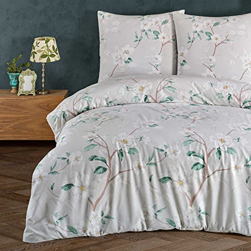 Buymax Bettwäsche 135x200 Baumwolle 2-Teilig Bettgarnitur mit Bettbezug und Kissenbezug 80x80 Renforce Bettwäsche-Set Botanisch Geblümt Blumen-Muster Blätter, Grün Grau von Buymax