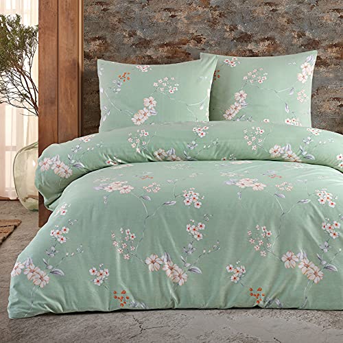 Buymax Bettwäsche 135x200 Baumwolle 2-Teilig Bettgarnitur mit Bettbezug und Kissenbezug 80x80 Renforce Bettwäsche-Set Geblümt Blumen-Muster Blümchen, Grün Weiß von Buymax