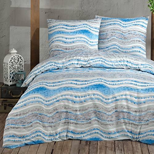 Buymax Bettwäsche 155x220 Baumwolle 4-Teilig Bettgarnituren mit Bettbezüge und Kissenbezüge 80x80 Renforce Bettwäsche-Sets Batik Geometrisch Wellen-Muster, Blau Braun Weiß von Buymax