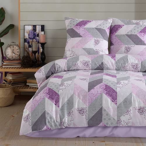 Buymax Bettwäsche 155x220 Baumwolle 4-Teilig Bettgarnituren mit Bettbezüge und Kissenbezüge 80x80 Renforce Chevron-Muster Zickzack Gestreift Bettwäsche-Set, Lila Rosa Grau von Buymax