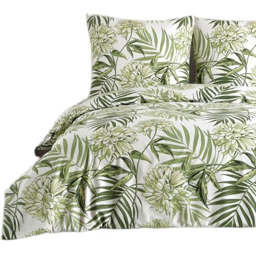 Buymax Bettwäsche 135x200 Baumwolle 2-Teilig Bettgarnitur mit Bettbezug und Kissenbezug 80x80 Renforce Bettwäsche-Set Botanisch Geblümt Blumen-Muster Blätter, Grün Weiß von Buymax