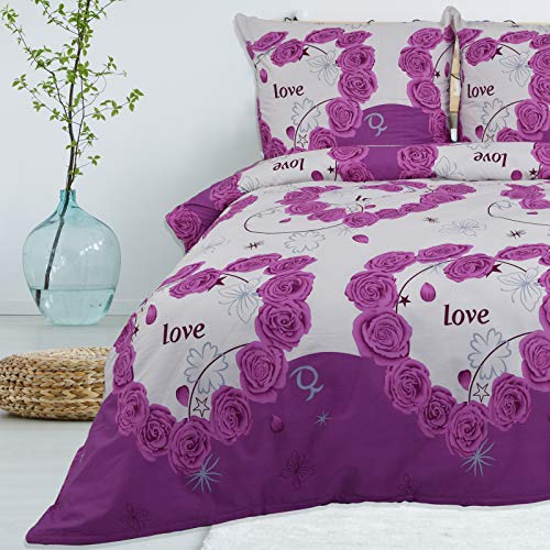 Buymax Bettwäsche 155x220 Baumwolle 2-Teilig Bettgarnitur mit Bettbezug und Kissenbezug 80x80 Renforce Bettwäsche-Set Geblümt Blumen-Muster Herz Rosen, Lila Weiß von Buymax