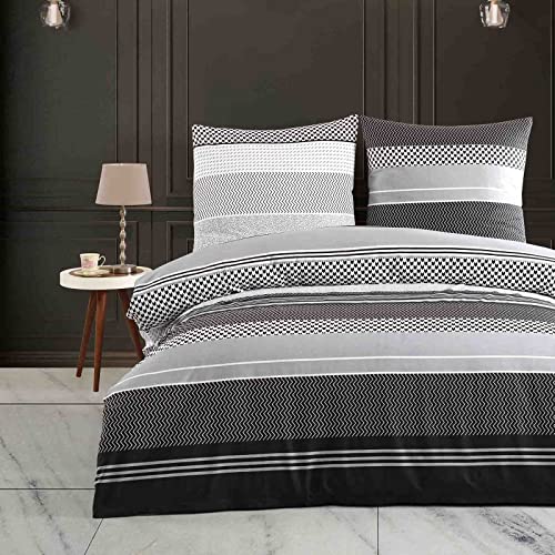 Buymax Bettwäsche 155x220 Baumwolle 2-Teilig Bettgarnitur mit Bettbezug und Kissenbezug 80x80 Renforce Zickzack Muster Chevron Gestreift Bettwäsche-Set, Schwarz-Grau von Buymax