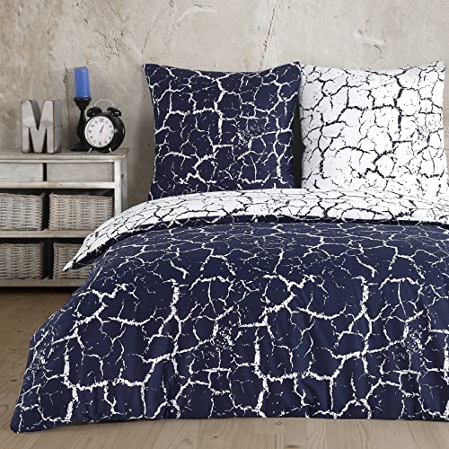 Buymax Bettwäsche 200x200 Baumwolle 3-Teilig Bettgarnitur mit Bettbezug und Kissenbezüge 80x80 Renforce Marmor Optik Granit Bettwäsche-Set wendbar, Royal-Blau Weiß von Buymax