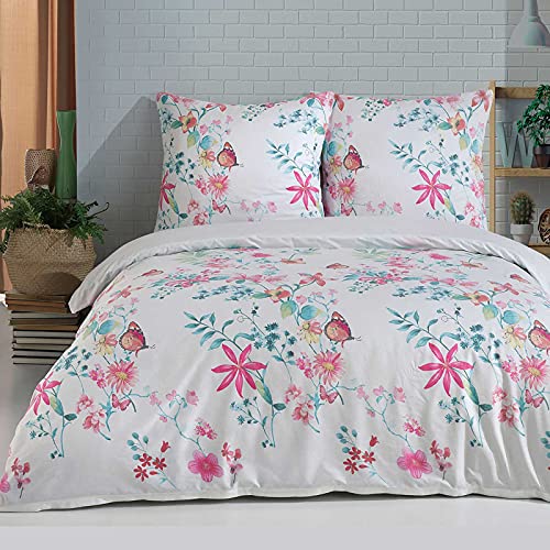 Buymax Bettwäsche 135x200 Baumwolle 2-Teilig Bettgarnitur mit Bettbezug und Kissenbezug 80x80 Renforce Bettwäsche-Set Schmetterlinge Geblümt Blumen-Muster, Weiß Bunt von Buymax