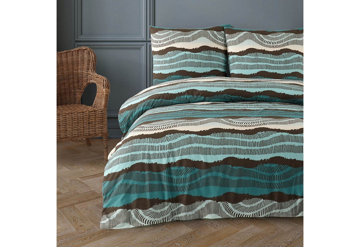 Bettwäsche Bettbezug-Set, Buymax, Baumwollmischung: 80% Baumwolle, 20% Polyester, 2 teilig, 135x200 cm mit Reißverschluss, Türkis-Schwarz, Streifen, gestreift von Buymax