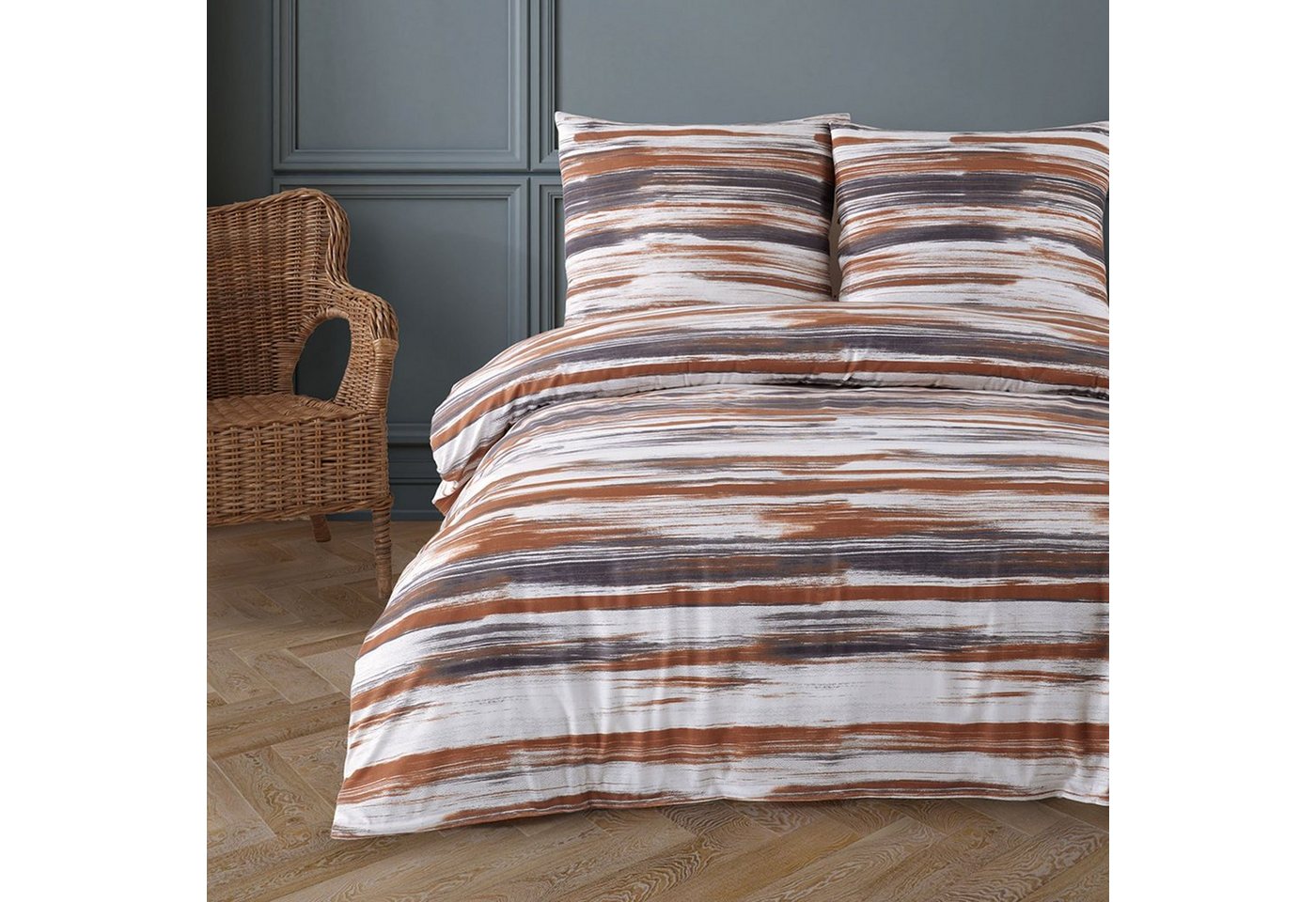 Bettwäsche Bettbezug-Set, Buymax, Baumwollmischung: 80% Baumwolle, 20% Polyester, 2 teilig, 155x220 cm mit Reißverschluss, Braun-Weiß, Streifen, gestreift von Buymax