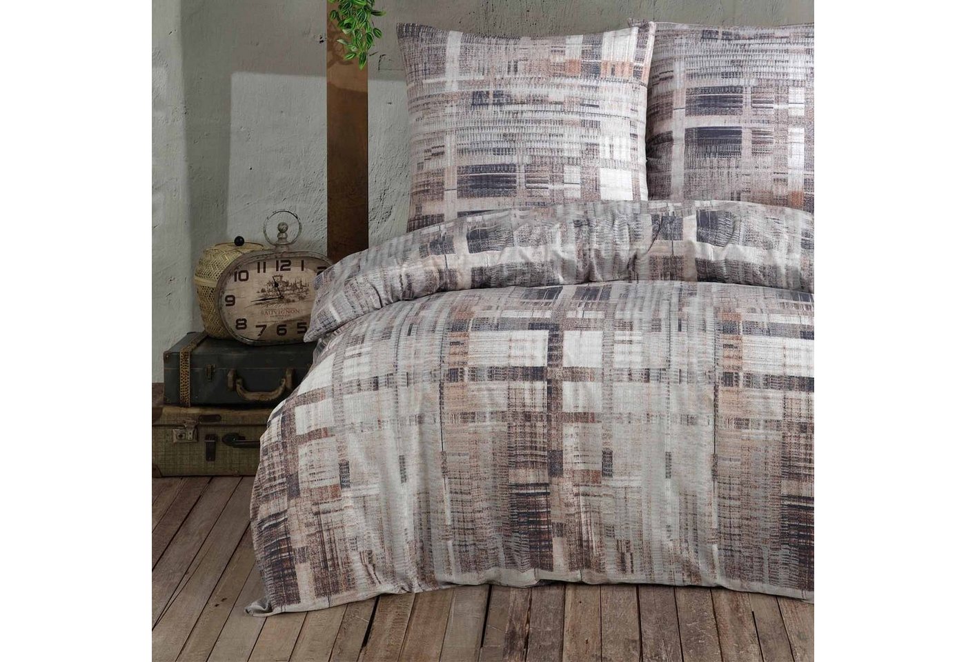 Bettwäsche, Buymax, Renforcé: 100% Baumwolle, 2 teilig, 135x200 cm, Bettbezug-Set mit Reißverschluss Karo Kariert, Braun Beige von Buymax