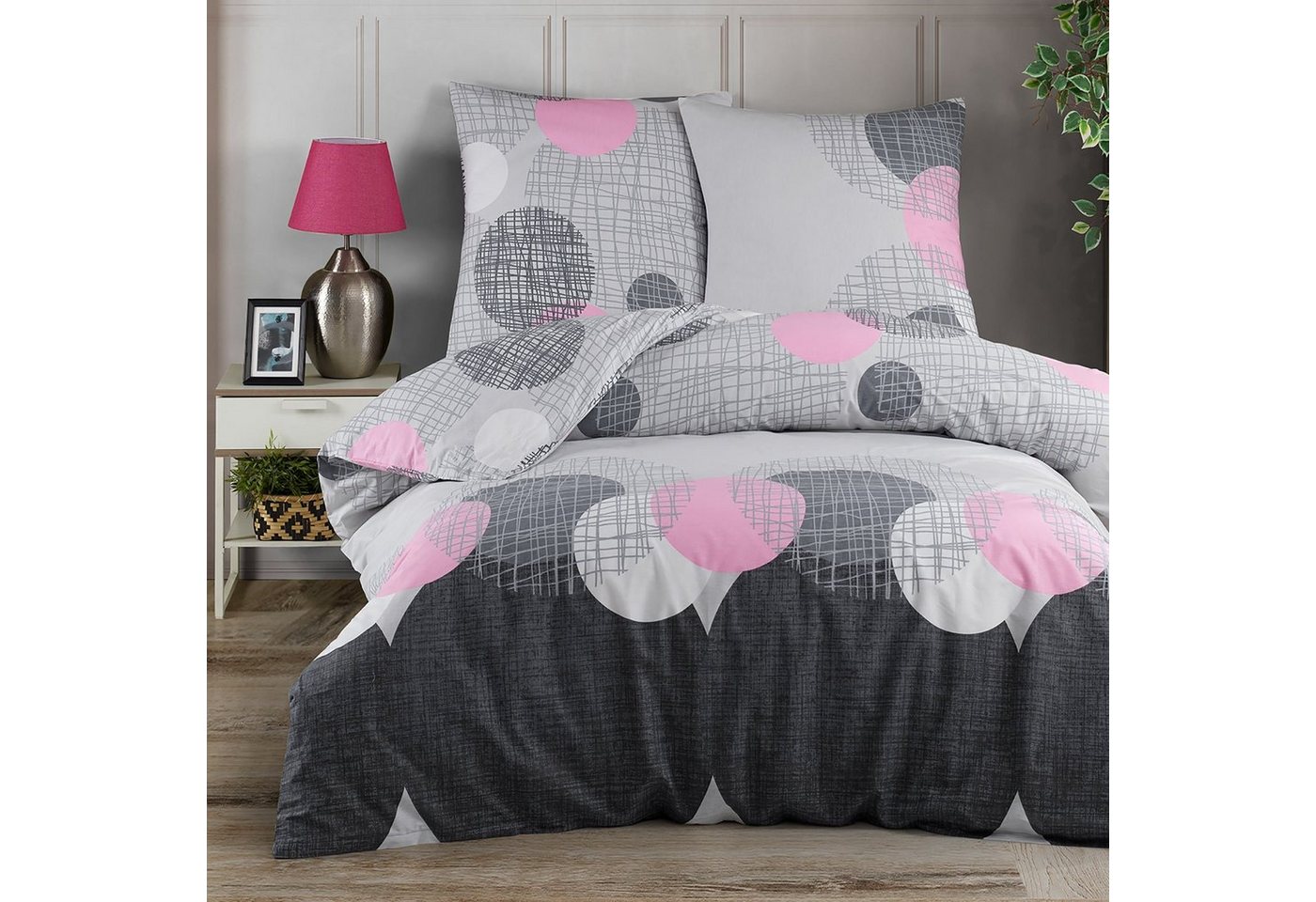 Bettwäsche, Buymax, Renforcé, 2 teilig, Bettbezug-Set 155x220 cm 100% Baumwolle mit Reißverschluss Grau Rosa von Buymax