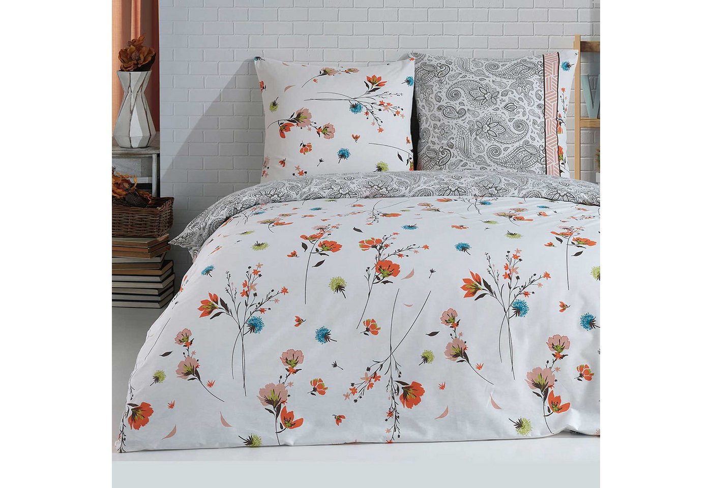 Bettwäsche, Buymax, Renforcé, 3 teilig, Bettbezug-Set 200x200 cm 100% Baumwolle Reißverschluss Blumen Weiß von Buymax
