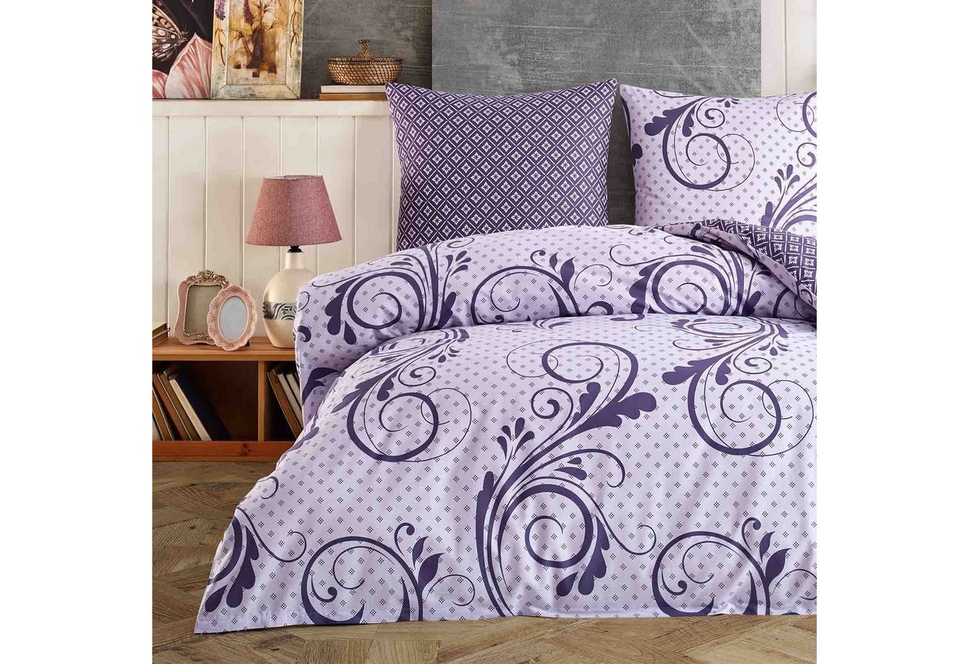 Bettwäsche, Buymax, Renforcé, 3 teilig, 100% Baumwolle Wendebettwäsche 200x220 cm Kissenbezug 80x80cm mit Reißverschluss, Muster Floral Barock, Violett Lila von Buymax