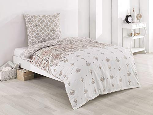 Buymax Bettwäsche 155x220 Baumwolle 4-Teilig Bettgarnituren mit Bettbezüge und Kissenbezüge 80x80 Renforce Bettwäsche-Sets Wendbar Ornamente Paisley-Muster Blumen, Weiß Beige von Buymax