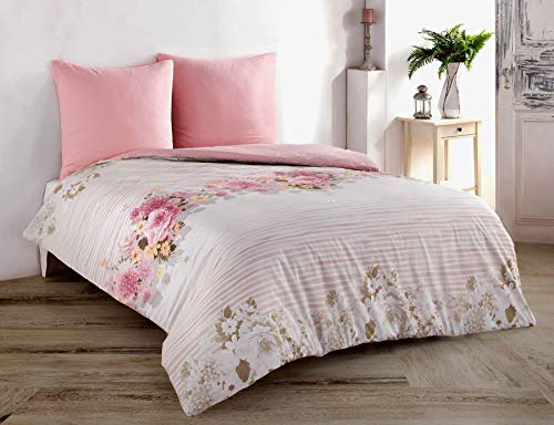 Buymax Bettwäsche 155x220 Baumwolle 2-Teilig Bettgarnitur mit Bettbezug und Kissenbezug 80x80 Renforce Bettwäsche-Set Wendbar Geblümt Blumen-Muster Blümchen, Rosa Weiß von Buymax