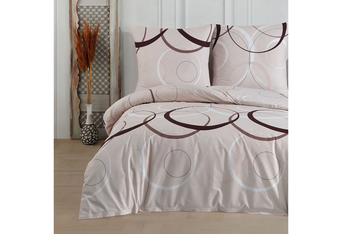 Bettwäsche Wave, Bettgarnitur, Bettbezug Set, Buymax, Renforcé: 100% Baumwolle, 2 teilig, mit Reißverschluss, gemustert, Kreise, Beige, 155x220 cm von Buymax