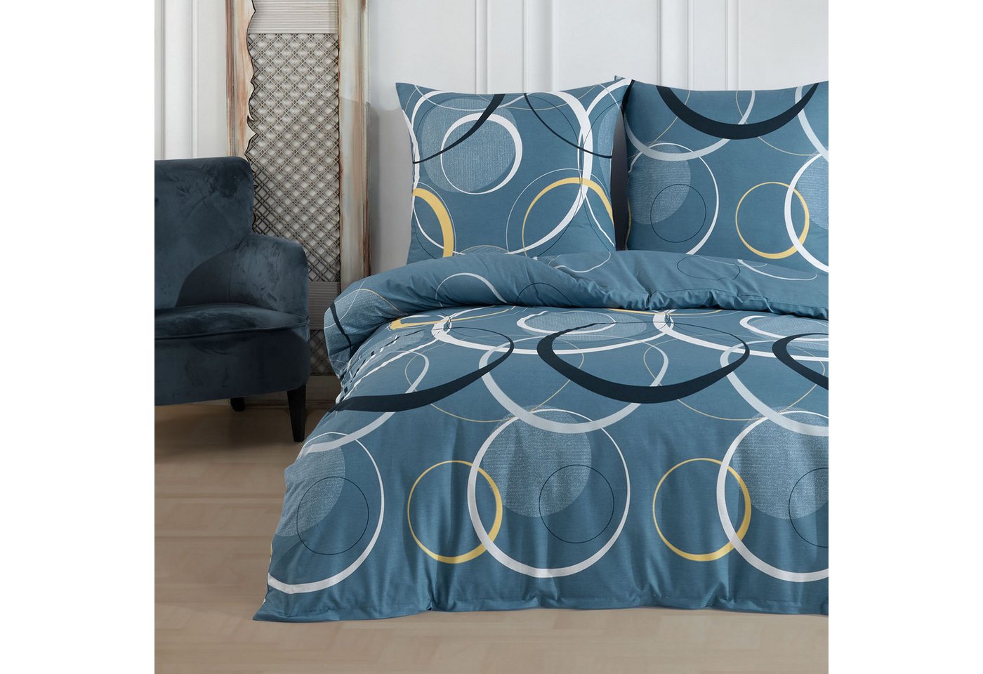 Bettwäsche Wave, Bettgarnitur, Bettbezug Set, Buymax, Renforcé: 100% Baumwolle, 2 teilig, mit Reißverschluss, gemustert, Kreise, Blau, Petrol, 155x220 cm von Buymax