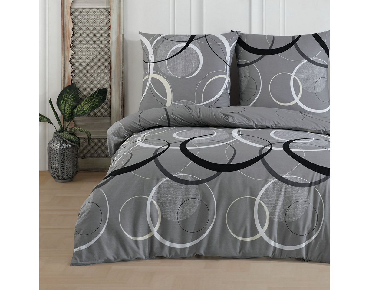 Bettwäsche Wave, Bettgarnitur, Bettbezug Set, Buymax, Renforcé: 100% Baumwolle, 3 teilig, mit Reißverschluss, gemustert, Kreise, Grau, Schwarz, 200x220 cm von Buymax