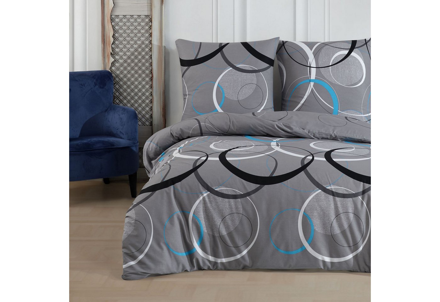 Bettwäsche Wave, Bettgarnitur, Bettbezug Set, Buymax, Renforcé: 100% Baumwolle, 3 teilig, mit Reißverschluss, gemustert, Kreise, Grau, Türkis, 200x200 cm von Buymax