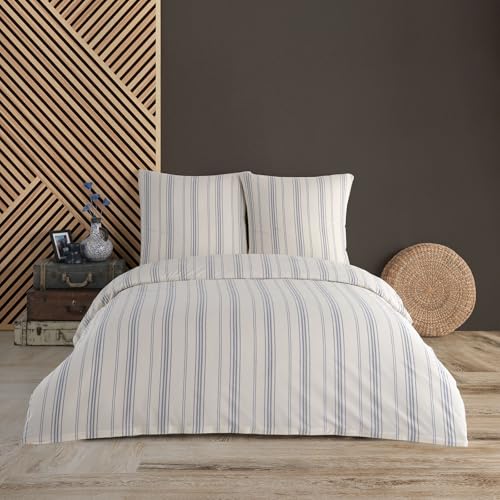 Buymax® Bettwäsche 155x220 cm 100% Baumwolle 2-Teilig Natur Bettwäsche-Set Bettgarnitur mit Reißverschluss Bettbezug und Kissenbezug 80x80 Streifen Muster (Weiß-Blau) von Buymax