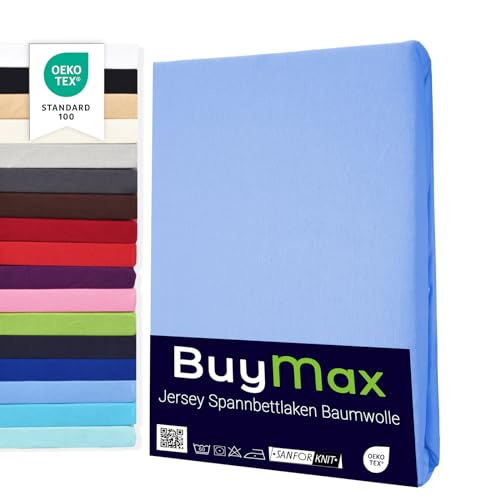 Buymax Spannbettlaken 200x200cm Doppelpack 100% Baumwolle Spannbetttuch Bettlaken Jersey, Matratzenhöhe bis 25 cm, Farbe Hellblau von Buymax