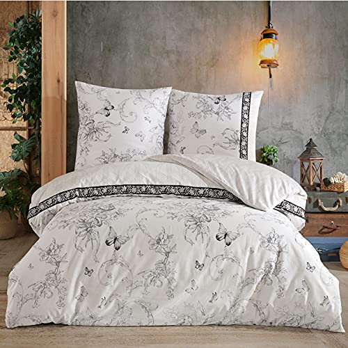 Buymax Bettwäsche 135x200 Baumwolle 4-Teilig Bettgarnituren mit Bettbezüge und Kissenbezüge 80x80 Renforce Bettwäsche-Sets Schmetterlinge Geblümt Blumen-Muster, Schwarz Weiß von Buymax