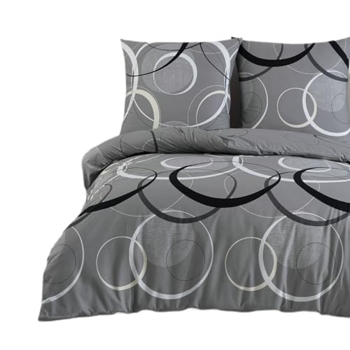 Buymax Bettwäsche 200x220 Baumwolle 3-Teilig Bettgarnitur mit Bettbezug und Kissenbezüge 80x80 Renforce Muster-Geometrisch Kreise Bettwäsche-Set, Grau Schwarz Weiß von Buymax