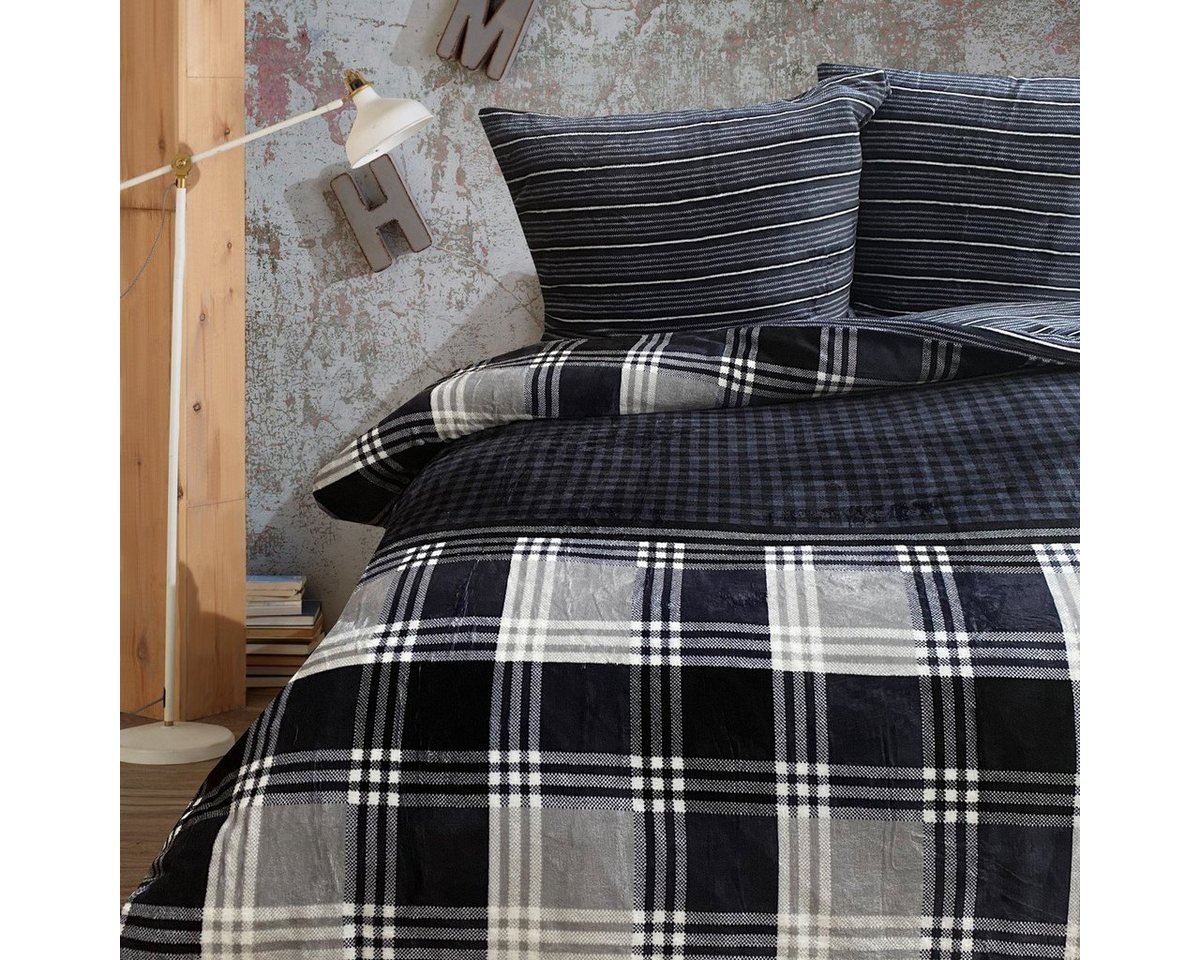 Buymax Bettwäsche Teddy Plüsch Bettezug-Set, Fleece, 2 teilig, 135x200 cm, Winter, flauschig, warm, gestreift, kariert, Blau, Grau von Buymax