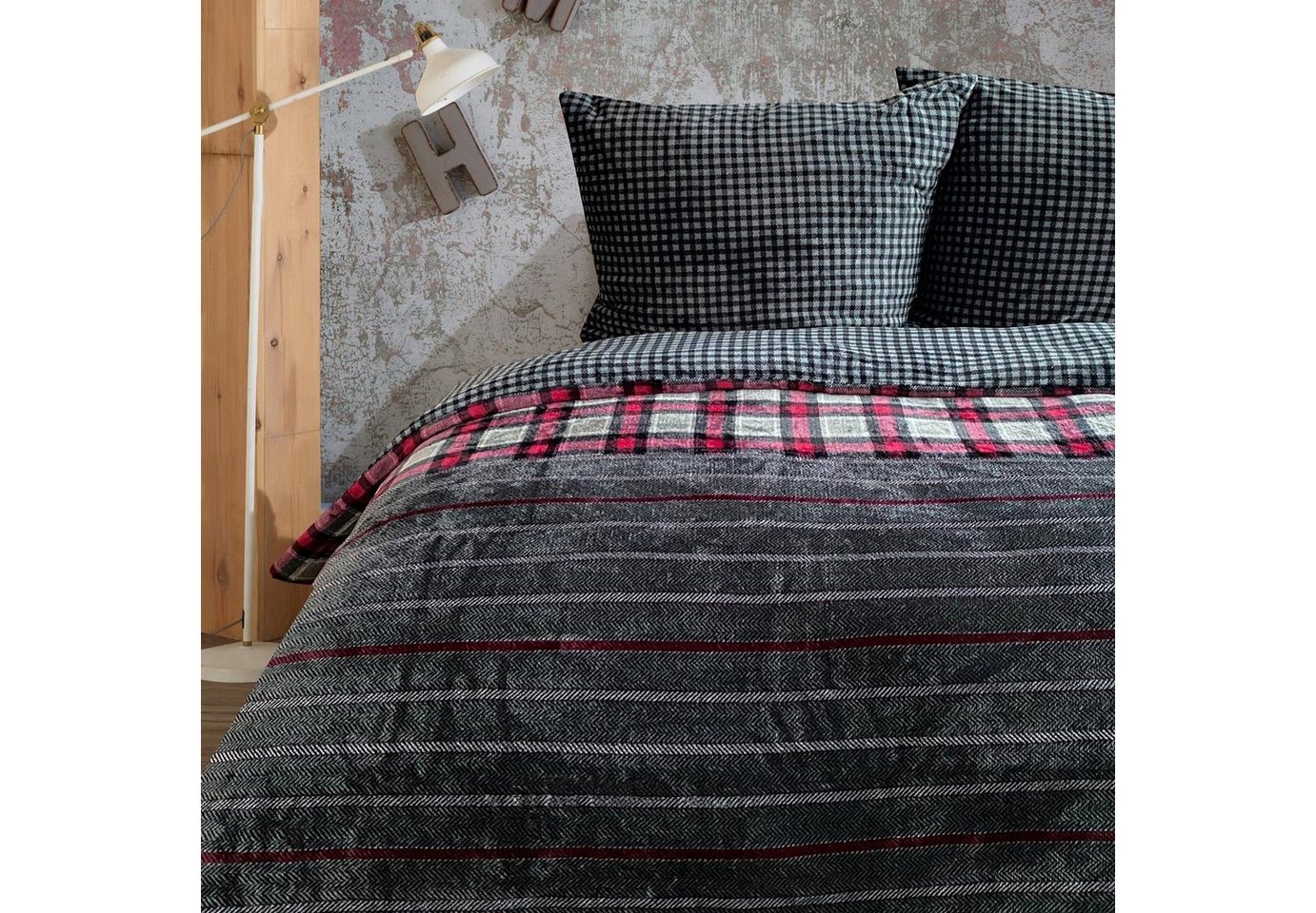 Buymax Bettwäsche Teddy Plüsch Bettezug-Set, Fleece, 3 teilig, 220x240 cm, Winter, flauschig, warm, gestreift, kariert, Pink, Grau von Buymax