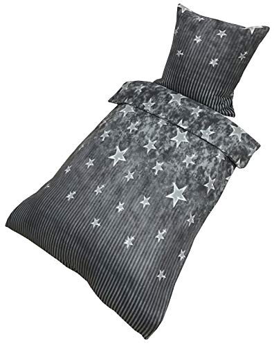 Buymax Fleece Bettwäsche 135 x 200 cm 2 teilig Plüsch Winterbettwäsche Kuschel Thermo Fleece Kopfkissenbezug 80x80 cm Cashmere Touch, Muster Sterne Star, Farbe Grau Anthrazit von Buymax
