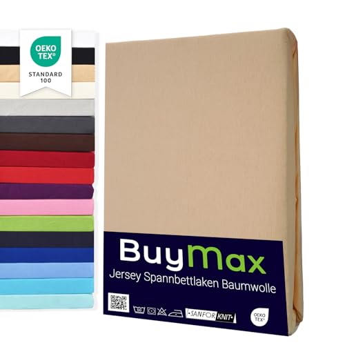 Buymax Spannbettlaken 200x200cm Baumwolle 100% Spannbetttuch Bettlaken Jersey, Matratzenhöhe bis 25 cm, Farbe Sand von Buymax