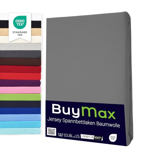 Buymax Spannbettlaken 100x200cm Baumwolle 100% Spannbetttuch Bettlaken Jersey, Matratzenhöhe bis 25 cm, Farbe Anthrazit-Grau von Buymax