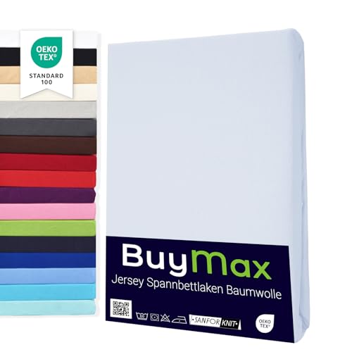 Buymax Spannbettlaken 100x200cm Baumwolle 100% Spannbetttuch Bettlaken Jersey, Matratzenhöhe bis 25 cm, Farbe Weiß von Buymax