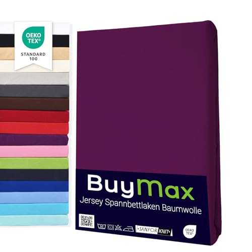 Buymax Spannbettlaken 120x200cm Baumwolle 100% Spannbetttuch Bettlaken Jersey, Matratzenhöhe bis 25 cm, Farbe Aubergine von Buymax