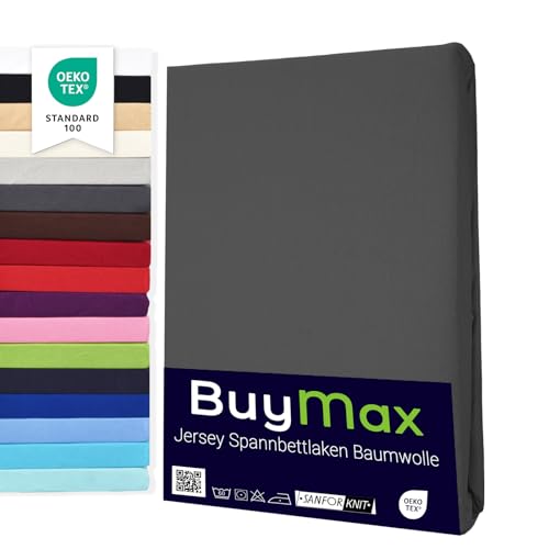 Buymax Spannbettlaken 180x200cm Baumwolle 100% Spannbetttuch Bettlaken Jersey, Matratzenhöhe bis 25 cm, Farbe Anthrazit von Buymax