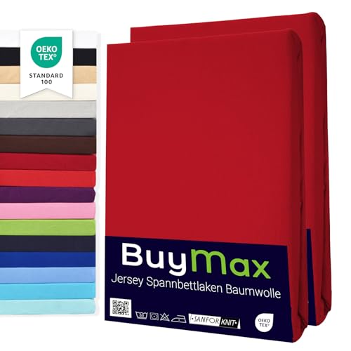 Buymax Spannbettlaken 90x200cm Doppelpack 100% Baumwolle Spannbetttuch Bettlaken Jersey, Matratzenhöhe bis 25 cm, Farbe Rot von Buymax