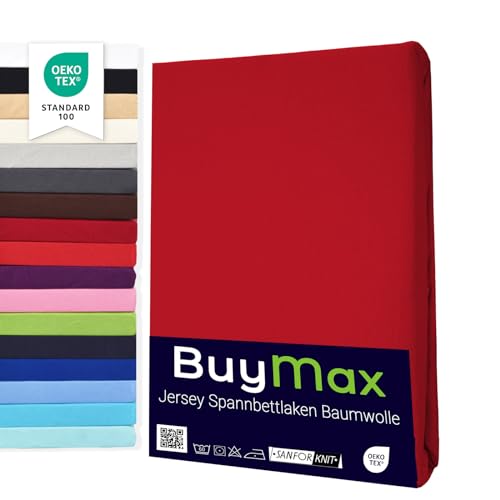 Buymax® Spannbettlaken 160x200cm Baumwolle 100% Spannbetttuch Bettlaken Jersey, Matratzenhöhe bis 25 cm, Farbe Rot von Buymax