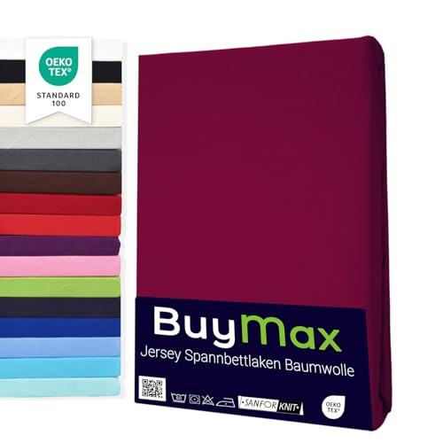 Buymax Spannbettlaken 100x200cm Baumwolle 100% Spannbetttuch Bettlaken Jersey, Matratzenhöhe bis 25 cm, Farbe Bordeaux von Buymax