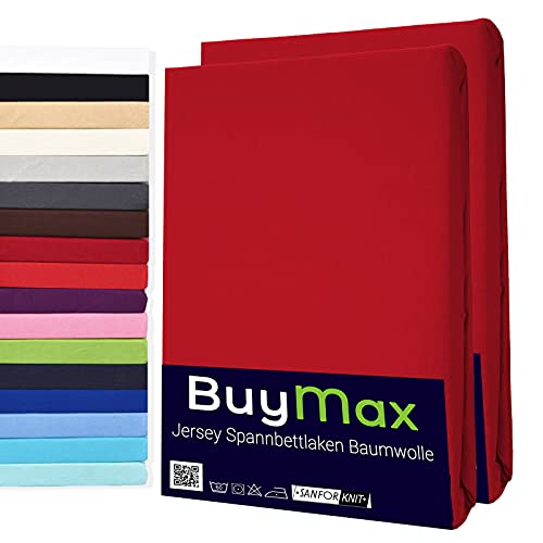 Buymax Spannbettlaken 140x200cm Doppelpack 100% Baumwolle Spannbetttuch Bettlaken Jersey, Matratzenhöhe bis 25 cm, Farbe Rot von Buymax