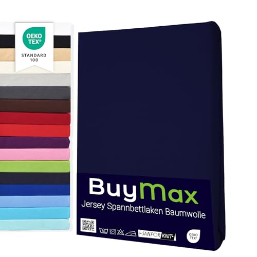 Buymax Spannbettlaken Topper 140x200 cm Spannbetttuch 100% Baumwolle Jersey für Matratzentopper bis 9 cm Matratzenhöhe Bettlaken für Boxspringbett Topper, Blau Marineblau von Buymax