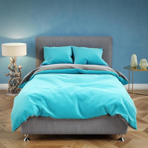 Teddy Fleece Bettwäsche 135x200 cm Winter Flausch Plüsch 2 teilig Winterbettwäsche Fleece Reißverschluss Kissenbezug 80x80 cm, Unifarben, Petrol, Grau von Buymax