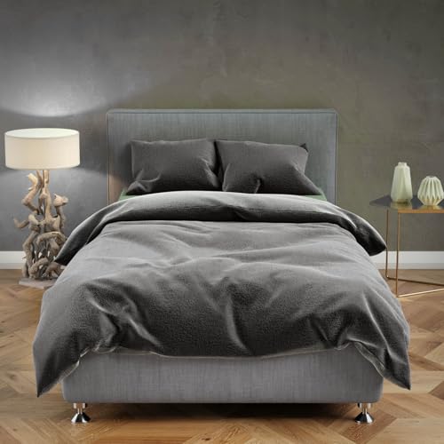 Teddy Fleece Bettwäsche 200x220 cm Winter Flausch Plüsch 3 teilig Winterbettwäsche Fleece Reißverschluss Kissenbezüge 80x80 cm, Unifarben, Schwarz, Grau von Buymax