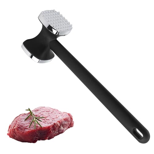 Buysow Fleischklopfer aus Zinklegierung, silberner Fleischhammer, doppelseitiger Hammer zum Zartmachen von Fleisch, Zarthammer mit rutschfestem Griff für Steak, Hähnchenkoteletts, Silber von Buysow