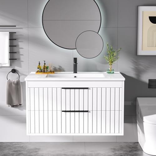 Buytime 76,2 cm Badezimmer-Waschtisch mit Waschbecken, schwimmender Waschtisch, Waschbeckenschrank, Wandhalterung, Soft-Close-Funktion, 2 große Schubladen, gerilltes Streifen-Design, versteckte von Buytime