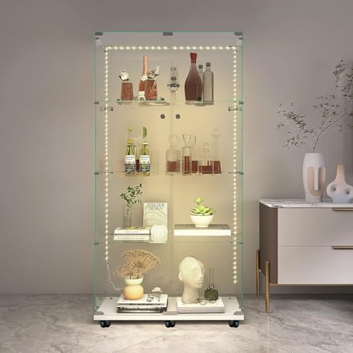Vitrine aus Glas mit 12 farbigen Lichtern und Schloss, 4-stöckig, 2-türig, Curio-Schränke mit Rollen, Vollsicht, Vitrine aus gehärtetem Glas, Vitrine für Wohnzimmer, Schlafzimmer, Büro, 165,1 x 78,5 x von Buzleer
