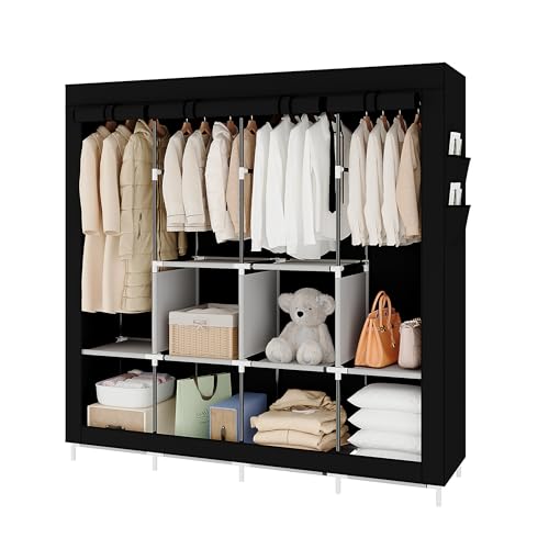 Buzowruil Extra große tragbare freistehende Garderobe Kleiderschrank, Canvas Metall Kleiderbügel Veranstalter, 4 hängenden Stangen 6 Storage Compartments für Schlafzimmer,Schwarz von Buzowruil
