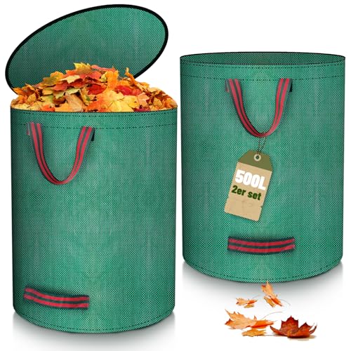 BuzzoXerex 2x Gartenabfallsack mit Deckel, Gartensack 500L Selbststehend mit 4 Reißfesten Griffe, Wasserdicht, Faltbar, Wiederverwendbar Laubsack Groß für Gartenabfälle und Grünschnitt von BuzzoXerex