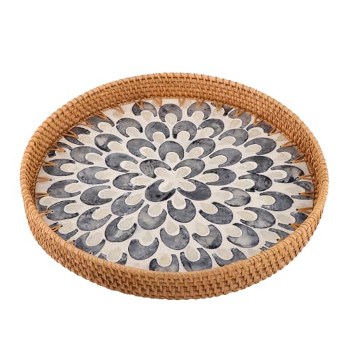 Bvdfgk Rundes Rattan-Serviertablett, rundes Rattan-Tablett mit Perlmutt, dekorativer Weidenkorb mit Holzsockel zur Aufbewahrung, Präsentation von Kaffee, Brot, Lebensmitteln, Obst, 34 cm Bvdfgk Rundes Rattan-Serviertablett, rundes Rattan-Tablett mit Perlmutt, dekorativer Weidenkorb mit Holzsockel zur Aufbewahrung, Präsentation von Kaffee, Brot, Lebensmitteln, Obst, 34 cm von Bvdfgk
