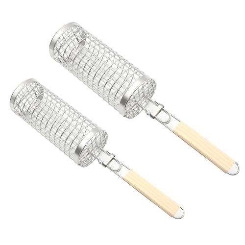 Bvizyelck Nesting Rolling Grill Körbe, Grillkorb rollend | BBQ -Körbe für Outdoor Grill - Set von 2 Edelstahl -Grillwerkzeugen mit Holzgriff zum Kochen von Fischfries von Bvizyelck